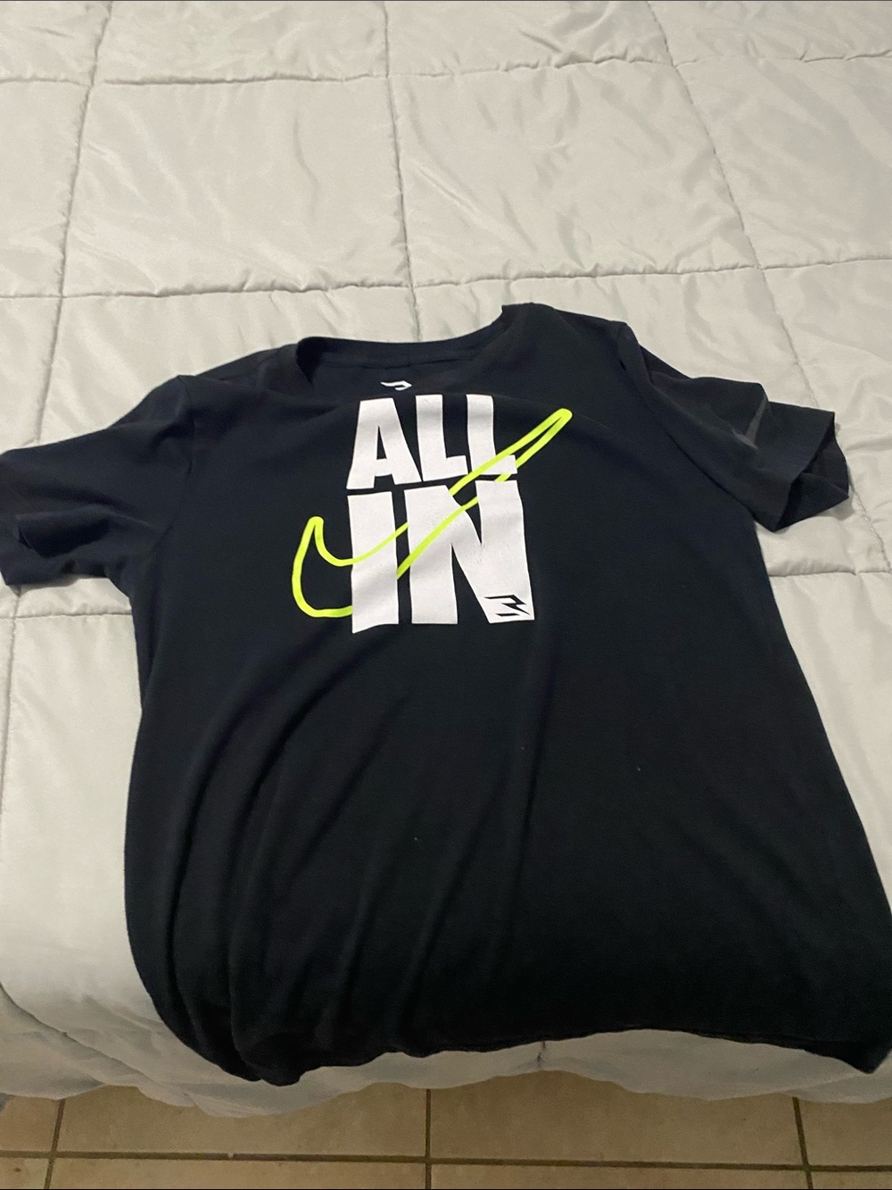 Nike Black Tee with White 'ALL IN' Graphic and Neon Yellow Swoosh